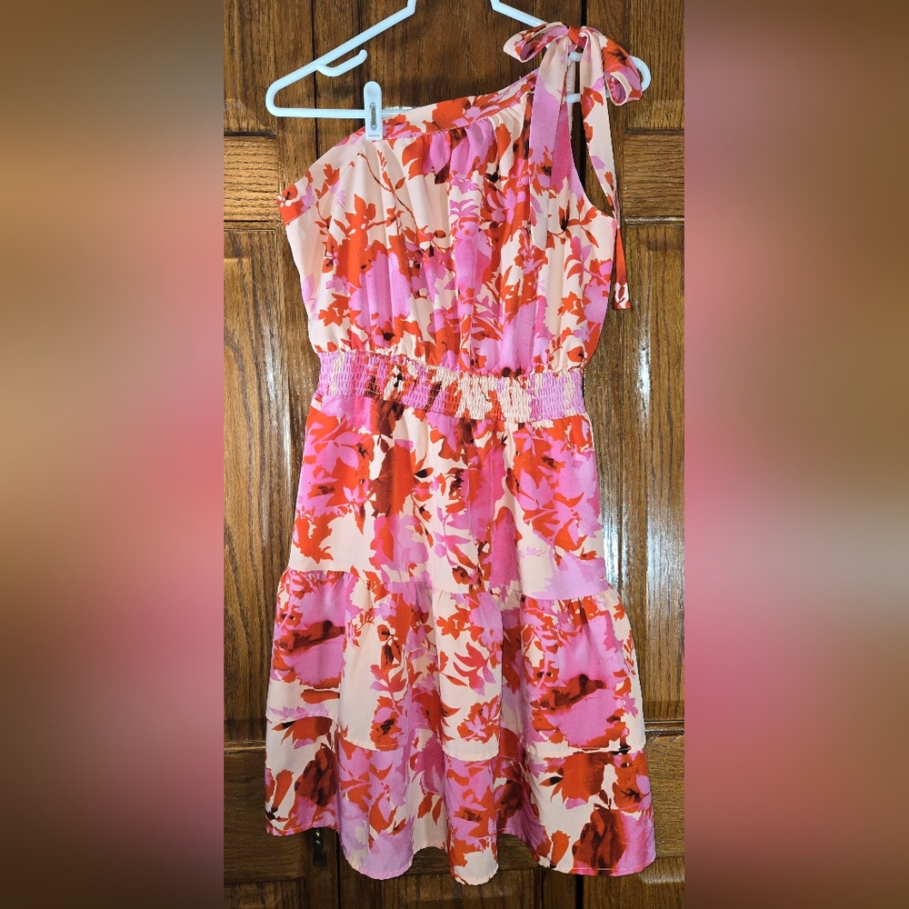 Floral One-Shoulder Dress - Pink and Red